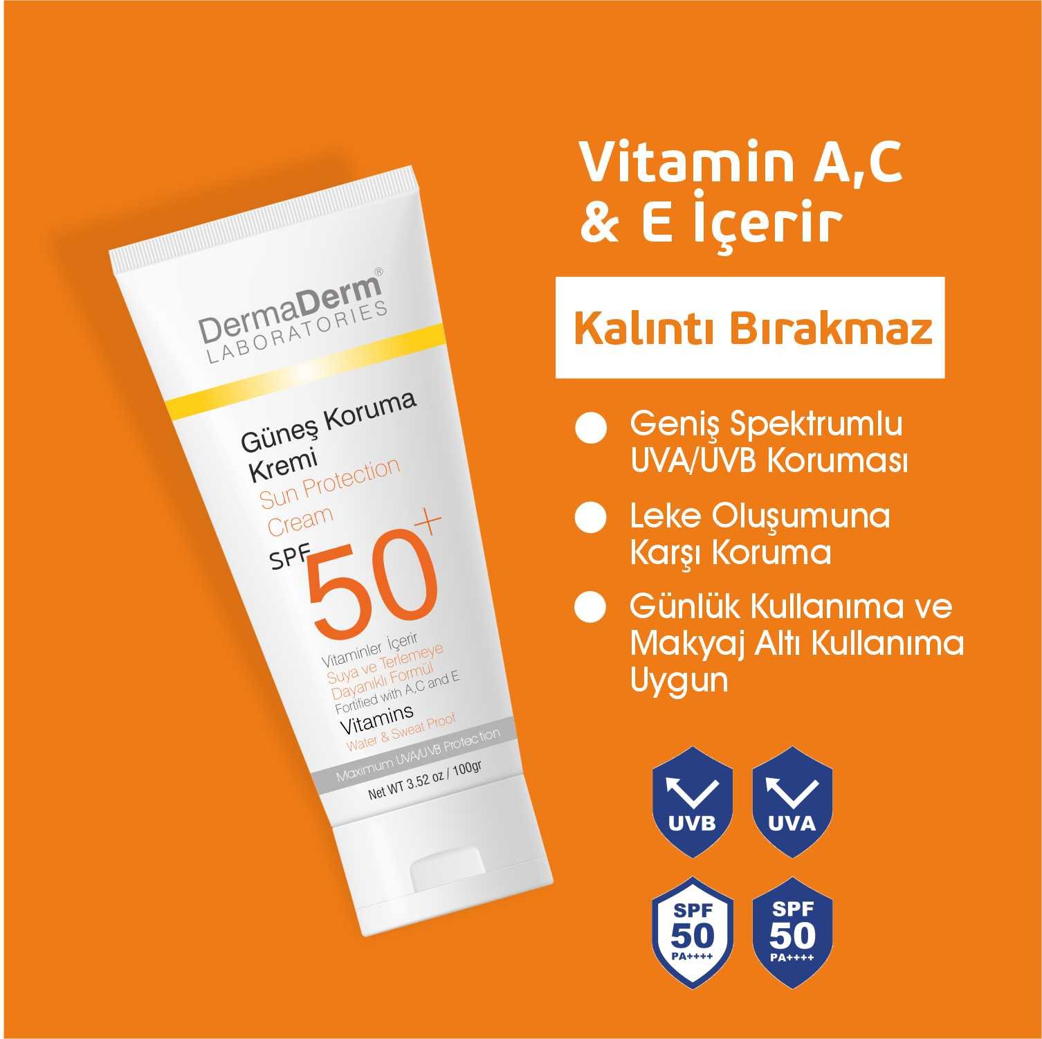 dermaderm spf50+ leke karşıtı güneş koruma kremi 100 ml