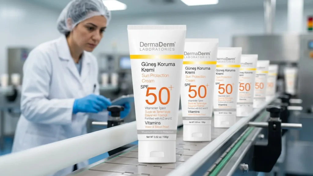 Dermaderm SPF 50+ leke karşıtı güneş kremi üretim hattı ve laboratuvar ortamında kalite kontrol yapan uzman