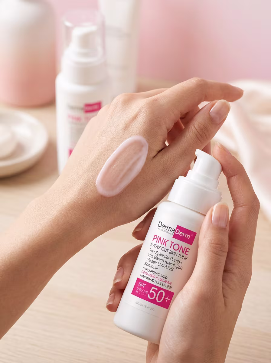 Dermaderm Pink Tone SPF 50+ leke kapatıcı ve ton eşitleyici yüz güneş kremi