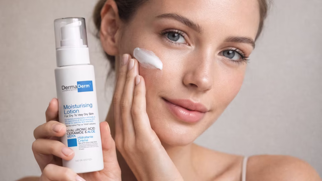 Yüzüne krem süren kadın ve Dermaderm yüz ve vücut nemlendirici losyon şişesi