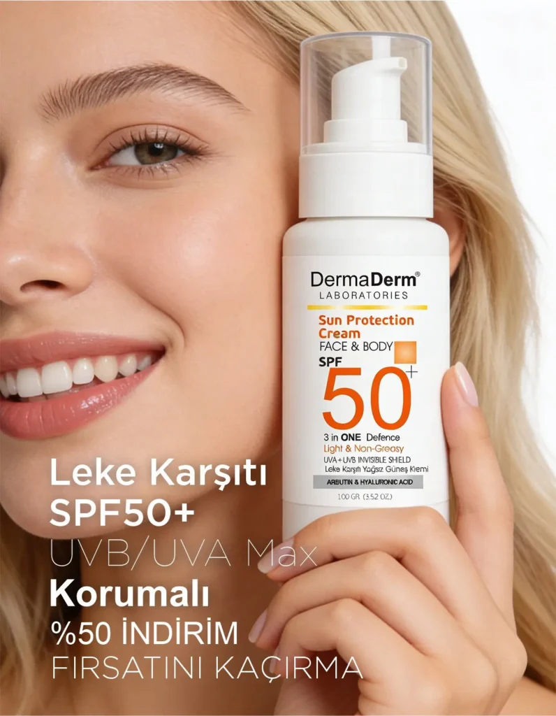 Leke karşıtı SPF50+ koruyucu bakım kremi tutan kadın, güneş koruyucu ürün görseli