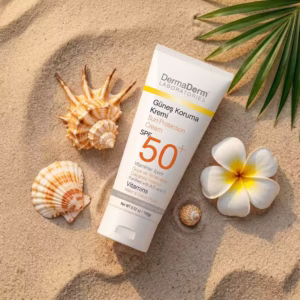 SPF 50 güneş kremi kum üzerinde yaz temalı kozmetik ürün, yüksek koruma sağlayan güneş kremi kullanımı