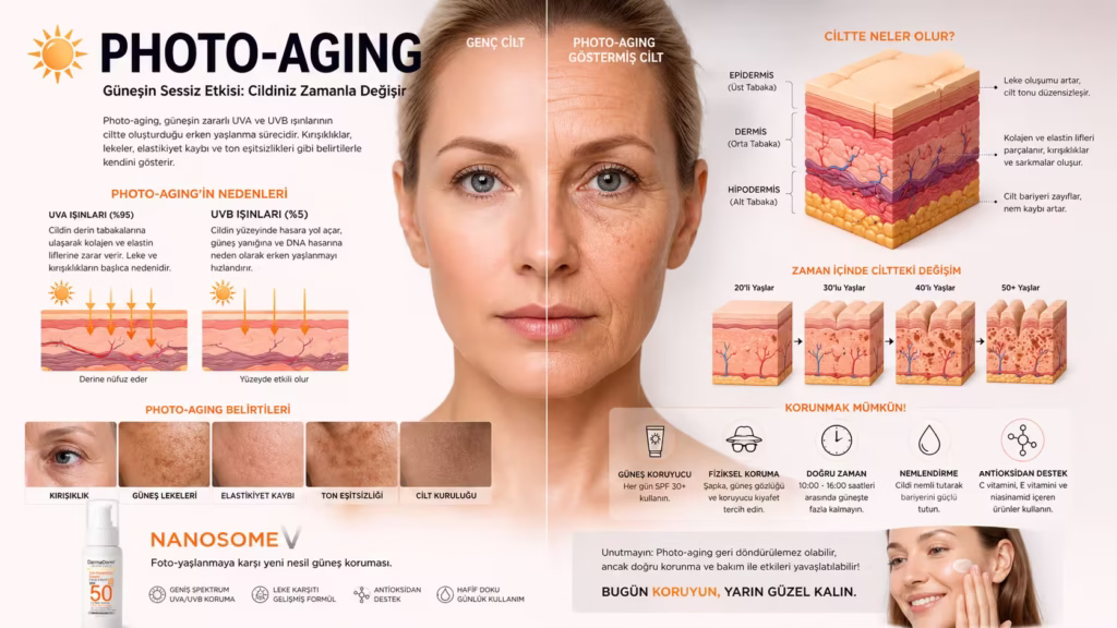 güneşin ciltte leke ve photoaging etkisini gösteren infografik UVA UVB cilt yaşlanması ve lekelenme süreci