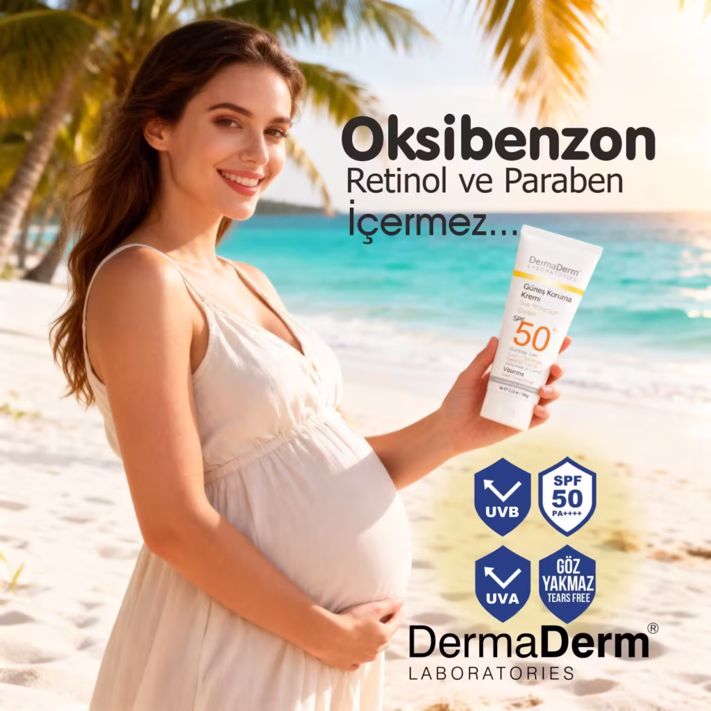 hamileler için güvenli güneş kremi kullanan hamile kadın plajda derma derm spf 50