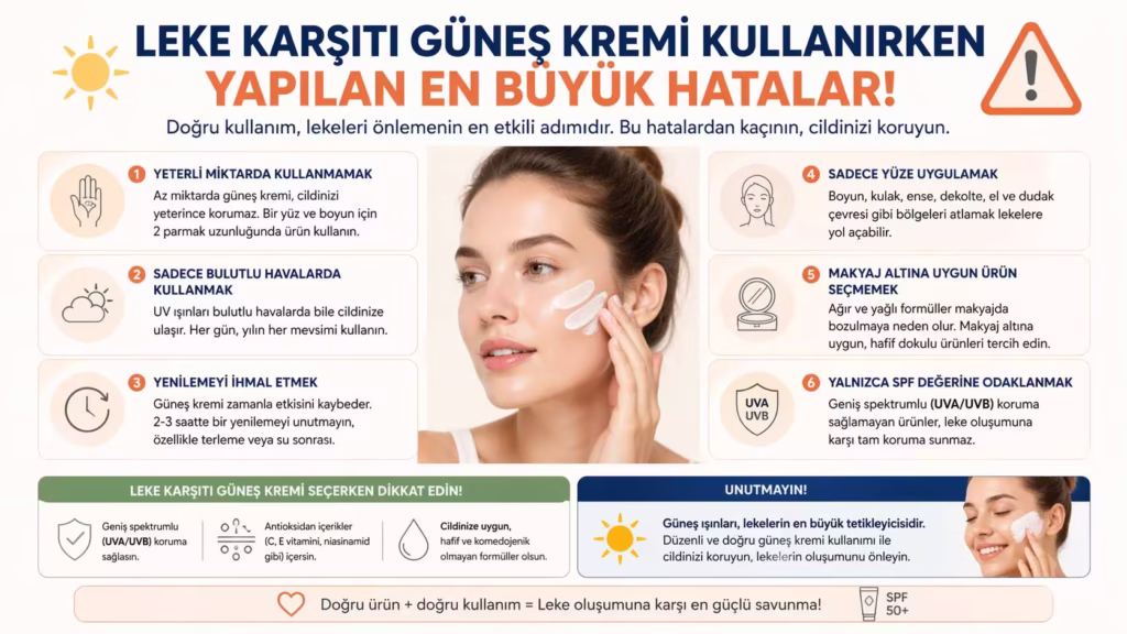 Leke karşıtı güneş kremi kullanırken yapılan en büyük hataları anlatan bilgilendirici infografik
