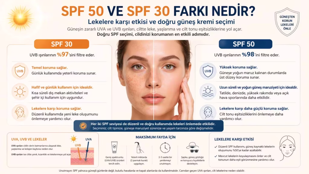 SPF 30 ve SPF 50 güneş kremi farkı ve lekelere karşı koruma etkisini gösteren karşılaştırma infografiği