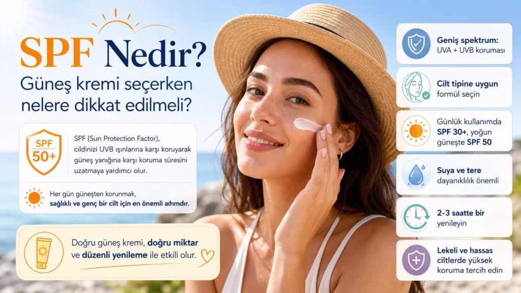 SPF nedir ve güneş kremi seçerken nelere dikkat edilmeli konusunu anlatan, yüzüne güneş kremi süren kadın görseli