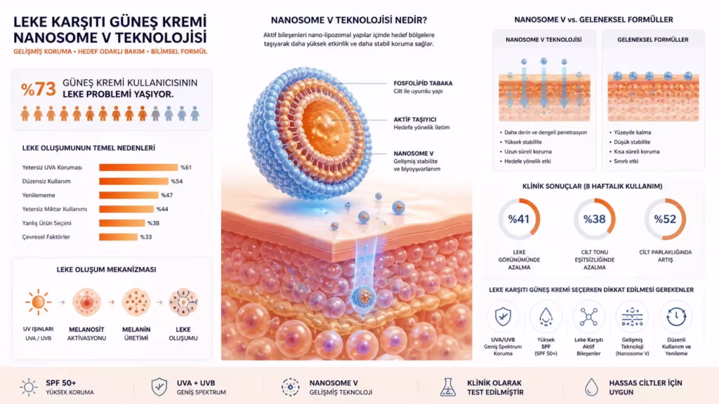 Nanosome V teknolojili leke karşıtı güneş kremi klinik çalışma özeti ve cilt katmanlarında aktif dağılım infografiği
