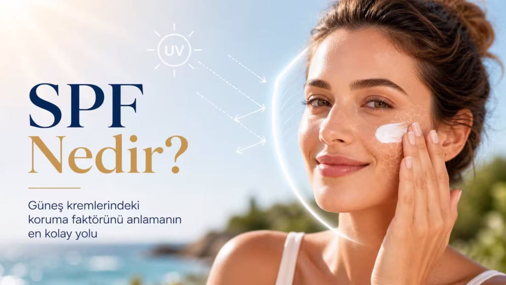 SPF nedir sorusunu anlatan, yüzüne güneş kremi süren kadın ve UV koruma sembolleri bulunan görsel