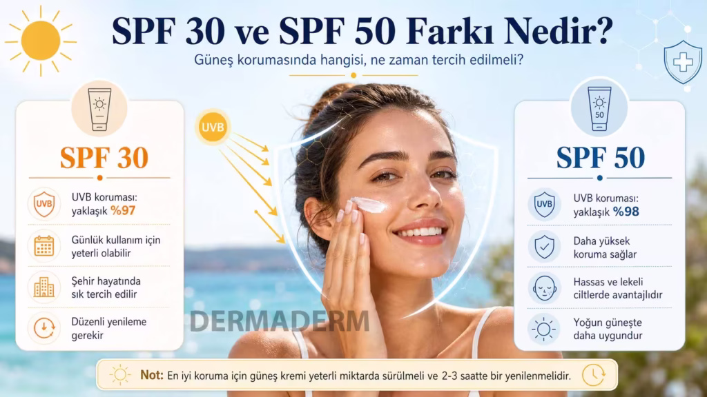 SPF 30 ile SPF 50 farkını anlatan, güneş kremi süren kadın ve UVB koruma bilgileri bulunan görsel