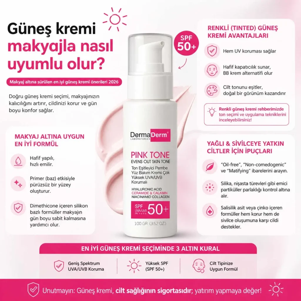Yüz için güneş kremi kullanımı ve makyaj altına uygun SPF 50 ürün infografiği